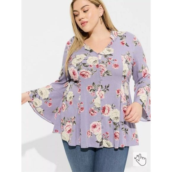 Torrid Plus Size Blouse 2X  Rayon Slub Button Front Top Purple Floral Bloomcore - Picture 2 of 12